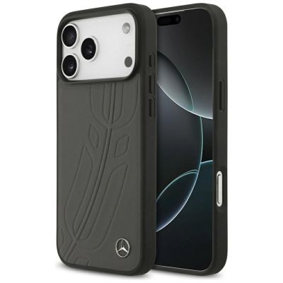 Mercedes Leather Large Laurel Leave MagSafe Case für iPhone 17 Pro Max – Schwarz und Grau