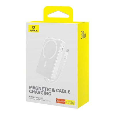 5. Baseus Magnetic Mini MagSafe 10000 mAh 30 W Powerbank mit integriertem USB-C-Kabel – Weiß + Baseus Simple Series USB-C – USB-C 60 W 0,3 m Kabel