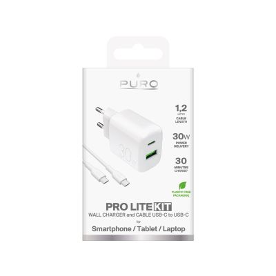 2. Puro PROLITE 30W USB-A / USB-C Wandladegerät + USB-C - USB-C Kabel 1,2m - weiß