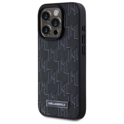 2. Karl Lagerfeld MagSafe-Hülle aus Leder mit Monogramm und Metalllogo für iPhone 15 Pro – Schwarz