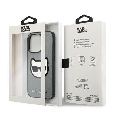 8. Karl Lagerfeld Saffiano Choupette Head Patch Hülle für iPhone 14 Pro - Silber