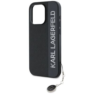 6. Karl Lagerfeld Saffiano Rhinestones & Charm Hülle für iPhone 15 Pro Max – Schwarz