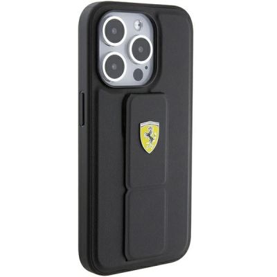 5. Ferrari Grip Stand Metall-Logo-Hülle für iPhone 15 Pro Max – Schwarz
