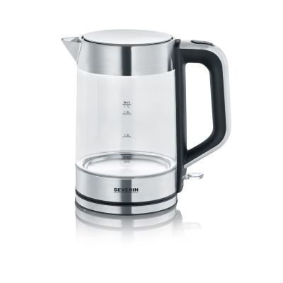 Severin Wasserkocher aus Glas und Stahl, 1,7 l, verdecktes Heizelement, Strix-Steuerung, Kabeleinführung, Wasserstandsanzeige, 2200 W, WK3420