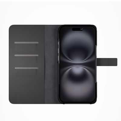 6. Puro Wallet Abnehmbare MagSafe 2in1 Öko-Lederhülle mit Klappe und Geldbörse für iPhone 16 – Schwarz