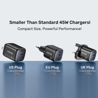 19. UNITEK 2x GAN 45W Ladegerät, 2x USB-C PD 3.0, QC, Schwarz