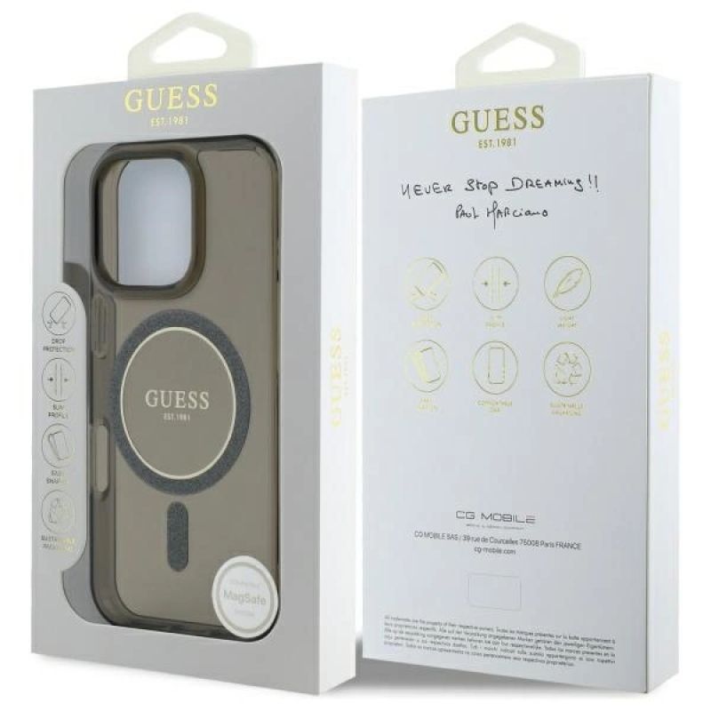 8. Guess IML Glitter Circle MagSafe Hülle für iPhone 16 Pro – Schwarz