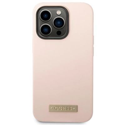 3. Guess Silikon-Logo-Platte MagSafe Hülle für iPhone 14 Pro – Pink