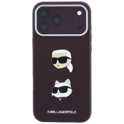 3. Karl Lagerfeld Saffiano Hülle mit Karl & Choupette Köpfen Pins & Logo für iPhone 18 Pro / 17 Pro - bordeauxrot