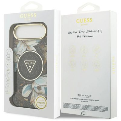 8. Guess IML Glitter Flowers Triangle MagSafe Hülle für iPhone Air - Schwarz
