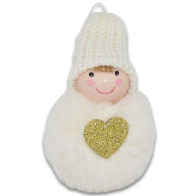 8. Dekorative Puppe mit Herz, 8 cm, mit Hut und Fell, weiß