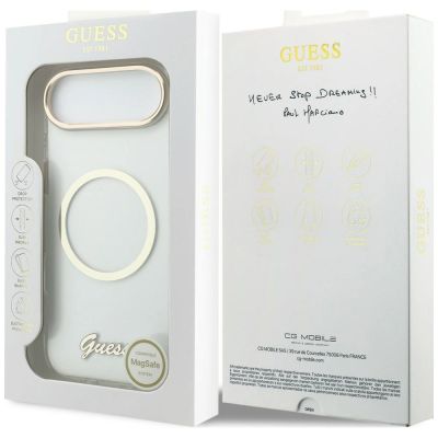 9. Guess IML Script Metal MagSafe Hülle für iPhone Air – Transparent