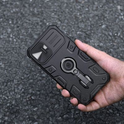 9. Nillkin CamShield Armor Pro Magnetische Hülle iPhone 14 Plus MagSafe gepanzerte Hülle mit Standring schwarz