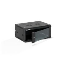 19" 4HE 600x450 Wandschrank, einflügelige Glastür, vollständig abnehmbare Rückwand, vollständig abnehmbare, abschließbare Seitenwände, 4 Träger, schwarz, zur Selbstmontage – Flatpack, ALANTEC