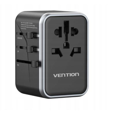 2. Vention 65W GaN Universal-Reiseadapter mit Ladegerät, 2x USB-A, 2x USB-C, Schwarz