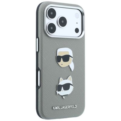 4. Karl Lagerfeld Saffiano Hülle mit Karl & Choupette Köpfen Pins & Logo für iPhone 18 Pro Max / 17 Pro Max - Grau