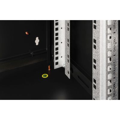 7. Digitus Unique 19" 9U Rackmount-Netzwerkschrank, 600 x 450 mm, Glastür, schwarz, ungeteilt, montiert, 100 kg