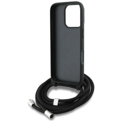 6. Karl Lagerfeld Crossbody-Hülle mit genarbtem Muster und Logo für iPhone 16 Pro – Grau