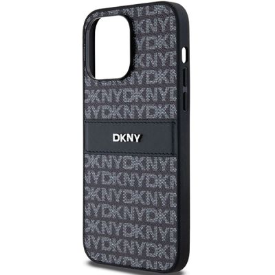 6. DKNY Lederhülle mit Monostreifen und Metalllogo für iPhone 14 Pro – Schwarz