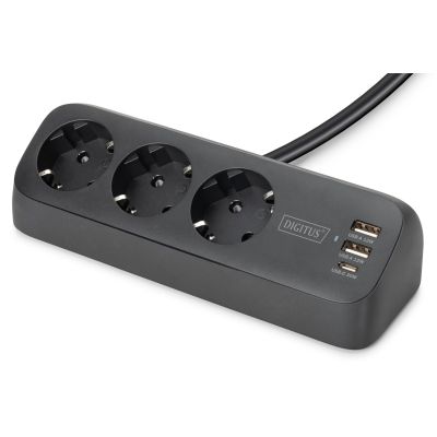 4. Digitus 3-fach-Steckdosenleiste fürs Büro mit 2 USB-A- und 1 USB-C-Anschluss, Schwarz