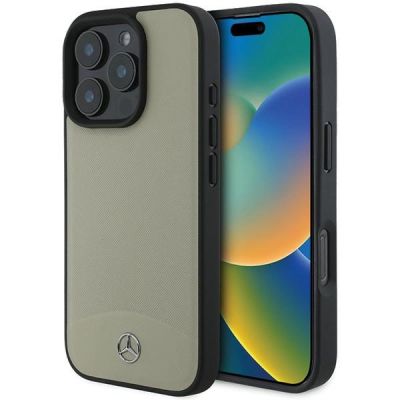 Mercedes MB MagSafe-Hülle aus strukturiertem und schlichtem Leder für iPhone 16 Pro Max – Beige