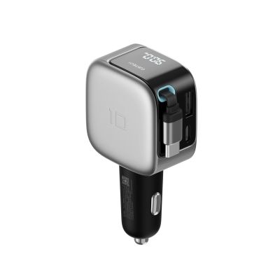 4. Cuktech CC903P 100W Kfz-Ladegerät mit Display und 70 cm langem, einziehbarem USB-C-Kabel – Grau