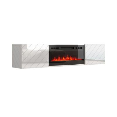 TV-Schrank LUXE 182,6 x 34,5 x 37,5 cm, weiß/weiß glänzend + schwarzer Kamin