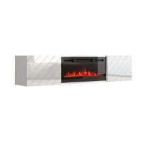 TV-Schrank LUXE 182,6 x 34,5 x 37,5 cm, weiß/weiß glänzend + schwarzer Kamin