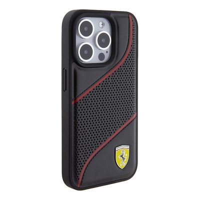 4. Ferrari Perforated Waves Metal Logo Hülle für iPhone 15 Pro – Schwarz
