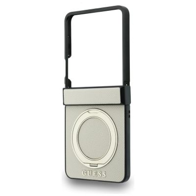 5. Guess Magnetische Ringständer-Hülle mit genarbtem Classic Logo und MagSafe-Design für Samsung Galaxy Z Flip 8 – Beige