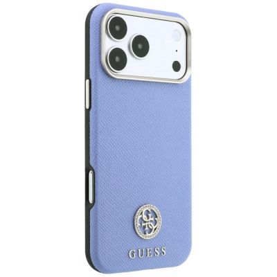 4. Guess MagSafe Hülle mit genarbtem, rundem Strass-Logo für iPhone 18 Pro / 17 Pro – Blau