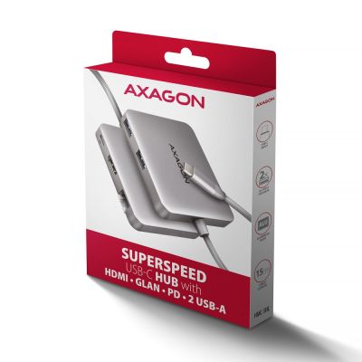 7. Axagon N HMC-5HL USB-5-Gbit/s-Hub, 2x USB-A, HDMI 4K/60 Hz, RJ-45 GLAN, PD 100 W, USB-C-Kabel, kabelgebunden, USB 3.2 Gen 1 (3.1 Gen 1) Type-C, Silber