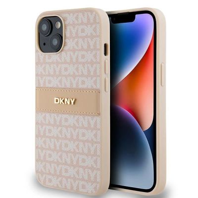 DKNY Lederhülle mit Monostreifen und Metalllogo für iPhone 15 / 14 / 13 – Rosa