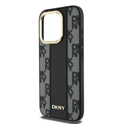 6. DKNY Leder-MagSafe-Hülle mit kariertem Monomuster für iPhone 15 Pro Max – Schwarz
