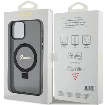 8. Guess Ring Stand Script Glitter MagSafe-Hülle für iPhone 12/12 Pro – Schwarz