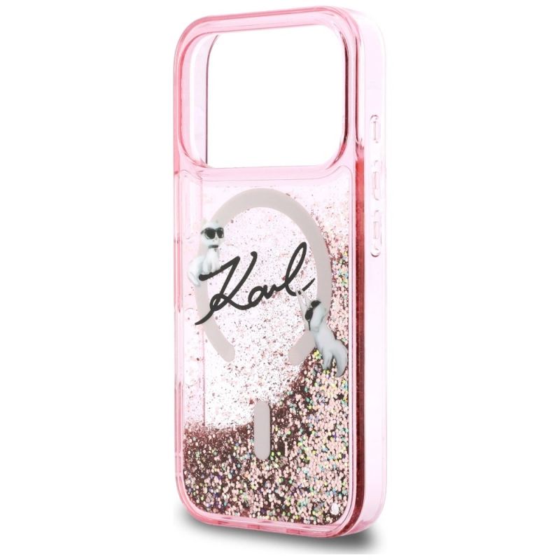 6. Karl Lagerfeld Flüssigglitzer-MagSafe-Hülle mit Karl-Schriftzug-Logo für iPhone 17 Pro – Pink