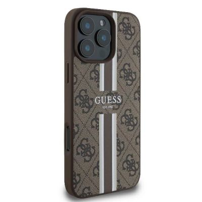 4. Guess 4G Printed Stripes MagSafe-Hülle für iPhone 16 Pro – braun