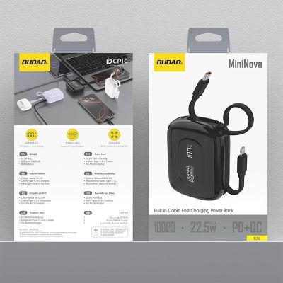 7. Dudao K32 Powerbank 22,5 W 10000 mAh mit integriertem USB-C/ Lightning Kabel - Schwarz