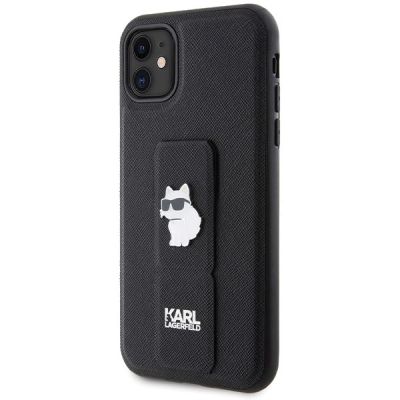 2. Karl Lagerfeld Gripstand Saffiano Choupette Pins Hülle für iPhone 11 / Xr – Schwarz