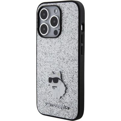 2. Karl Lagerfeld Feste Glitzer-Choupette-Logo-Metallpin-Hülle für iPhone 15 Pro Max – Silber