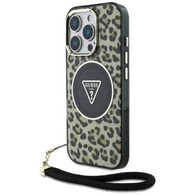 Guess HC IML Leopard Triangle Cord Strap MagSafe Case für iPhone 16 Pro - Braun
