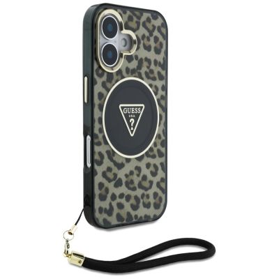 3. Guess HC IML Leopard Triangle Cord Strap MagSafe iPhone 16 Hülle - Braun