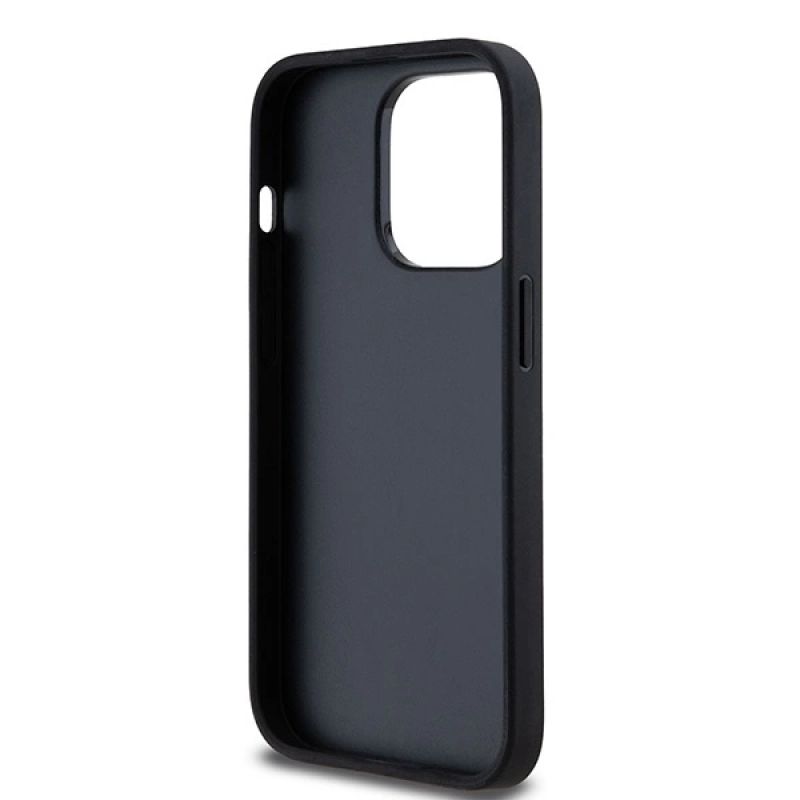 7. DKNY iPhone 14 Pro-Hülle aus Leder mit kariertem Monomuster und bedruckten Streifen – Schwarz