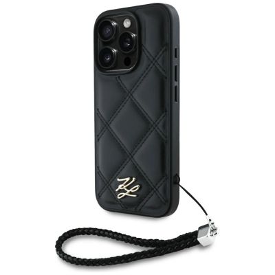 Karl Lagerfeld iPhone 16 Pro Hülle mit gestepptem Initialenlogo und Kettenriemen – Schwarz