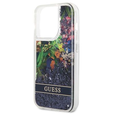 6. Guess Flower Liquid Glitter Hülle für iPhone 14 Pro Max – Blau
