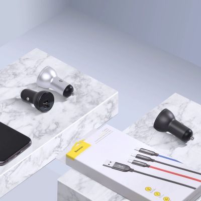 6. Baseus Autoladegerät 2x USB 4,8A 24W mit LCD + 3ins1 Kabel USB - USB Typ C / micro USB / Lightning schwarz (TZCCBX-0G)