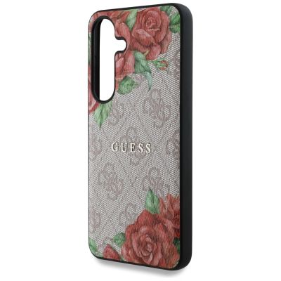 6. Guess Leather 4G Flowers Print Metal Classic Logo MagSafe Hülle für Samsung Galaxy S25 - Rosa