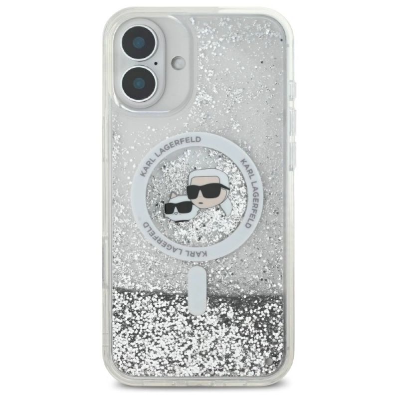 3. Karl Lagerfeld Liquid Glitter Karl & Choupette Head Magsafe Hülle für iPhone 16 Plus – transparent