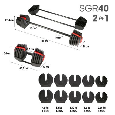 9. HMS SGR40 PRO SET 2-in-1 verstellbares Hantelset 43,5 kg
