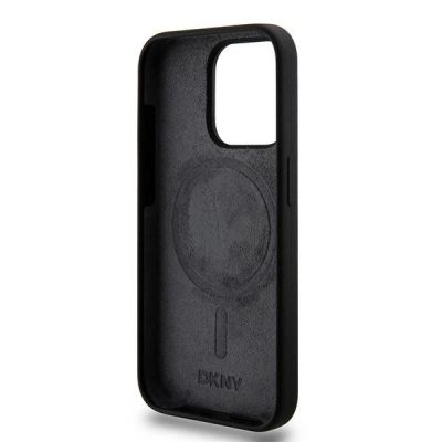 7. DKNY Flüssigsilikon-MagSafe-Hülle mit weißem bedrucktem Logo für iPhone 13 Pro / 13 – Schwarz